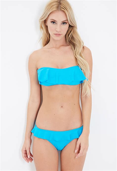 lyst forever 21 ruffle bandeau bikini top in blue