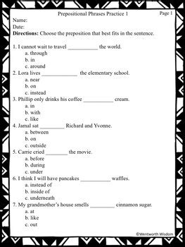 prepositions  prepositional phrases prepositions worksheets