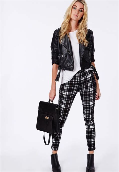 missguided monochrome check skinny fit trousers black skinny fit