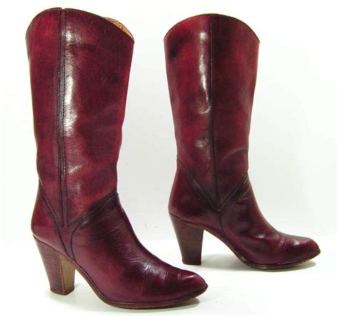 vintage high heel leather cowboy boots womens    burgandy