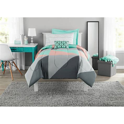 Mainstays Grey And Teal 6 Pc Bed In A Bag Bedding Set With Sheet Set