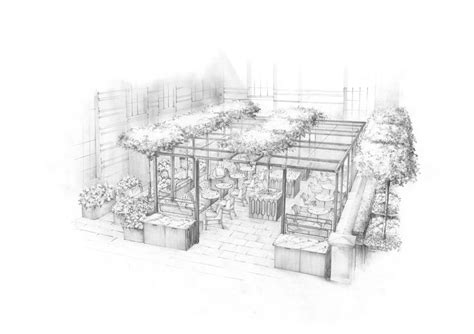 courtyard dining   hotel overview pencil drawing alan hughes