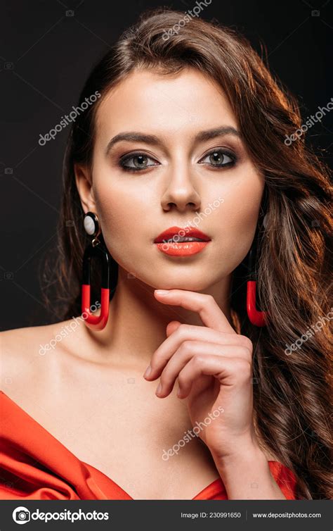 Portrait Beautiful Brown Haired Girl Red Corset Earrings Touching Chin