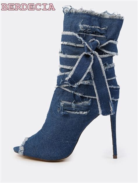 Top Selling Dark Blue Destroyed Denim Mid Calf Boots Lace Up Bow Tie