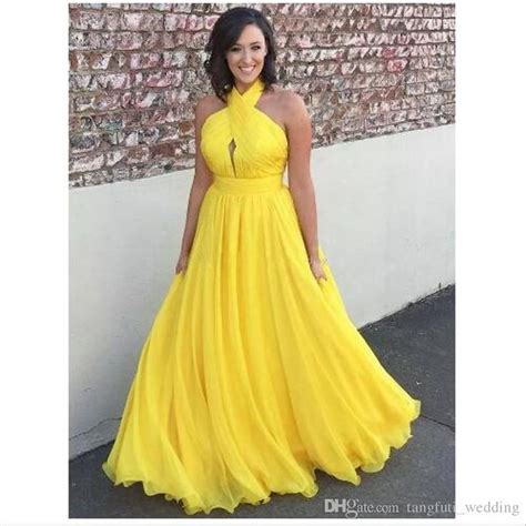 yellow  size chiffon long evening dresses halter pleated flowy floor length backless evening
