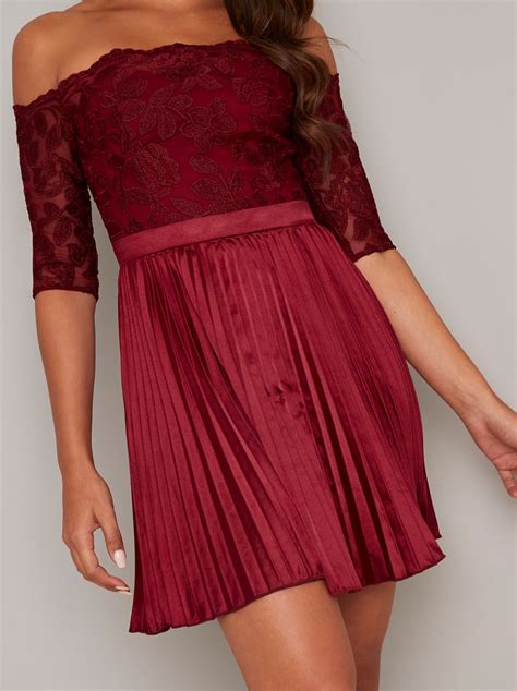 Bardot Lace Bodice Pleat Mini Dress In Red Chichiclothing