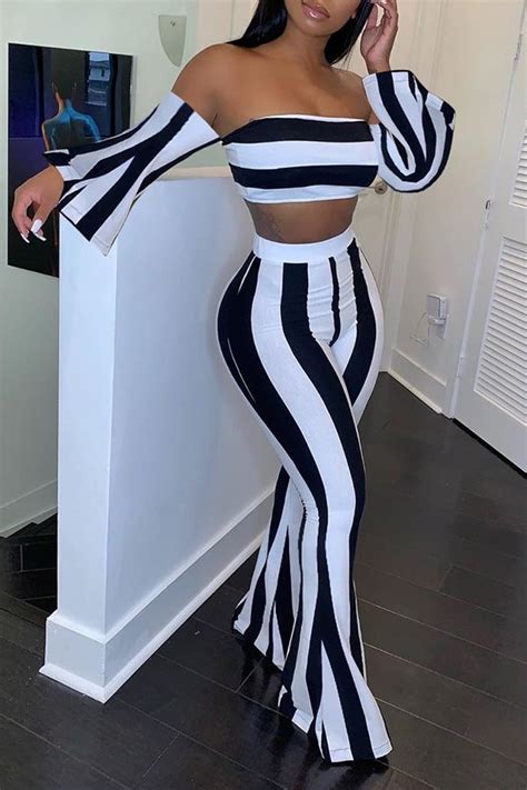 Cheap Two Piece Pants Set Lovely Trendy Off The Shoulder Striped Print