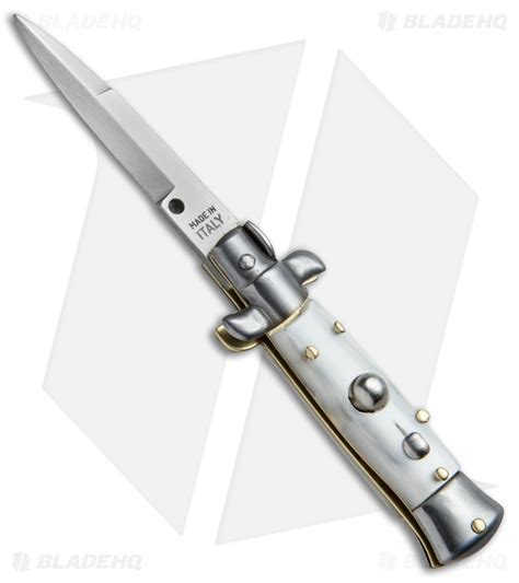 skm  italian mini stiletto automatic knife white pearlex bayonet blade hq