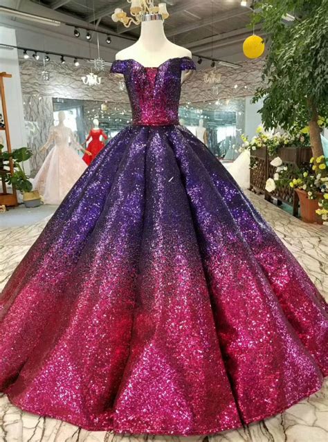 purple  fuchsia ball gown sequin   shoulder luxury party formal dress red bridal