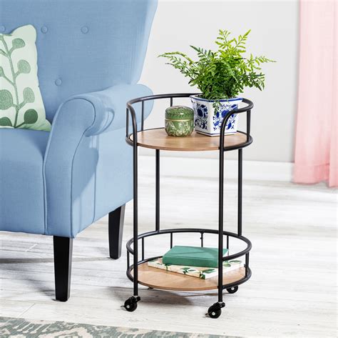 tier  side table  wheels black natural