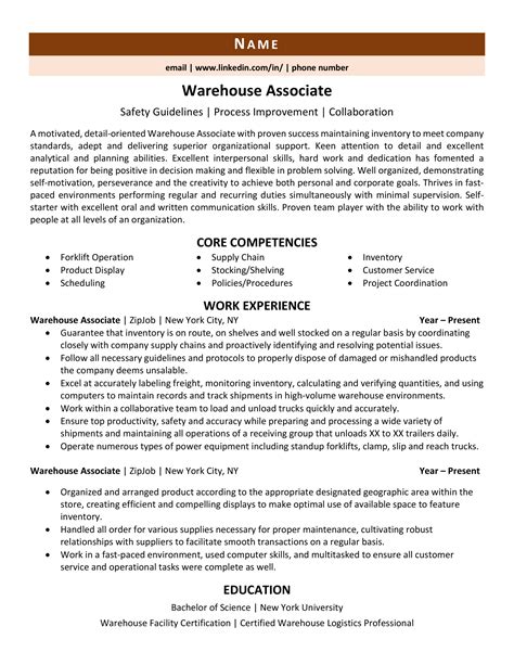 warehouse associate resume  guide zipjob