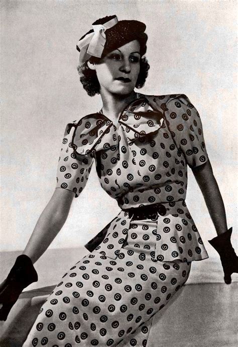 Spiral Dress With Dark Gloves And Hat 1937 1930s Fashion Women