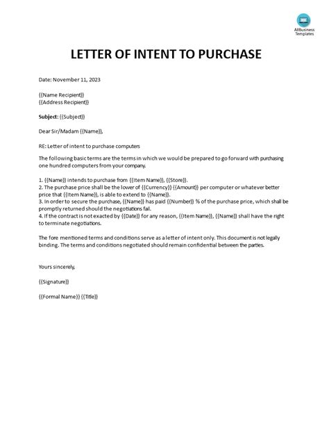 letter  intent  purchase templates  allbusinesstemplatescom