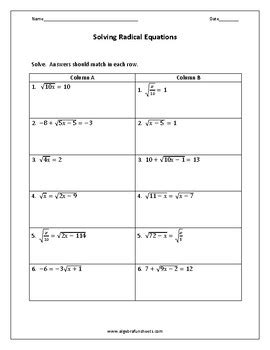 solving radical equations pair share worksheet  algebra funsheets