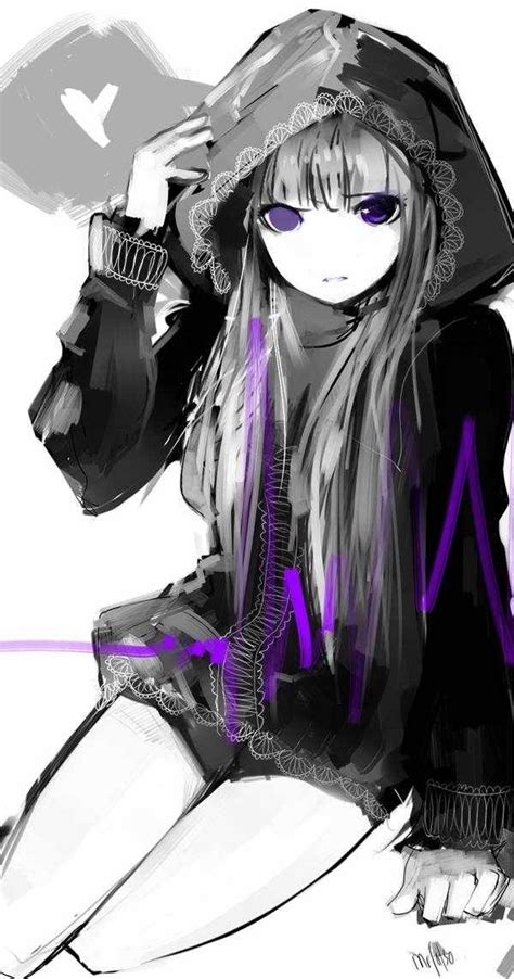 anime girl wearing hoodie grey hair heart hood long hair purple anime fille manga