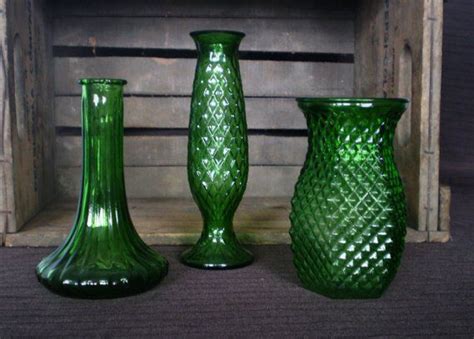 Green Glass Vases Set Of 3 Trio Of Patterned Green Glass Flowers In