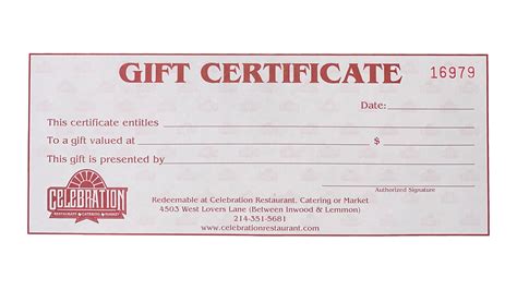 gift certificate celebration restaurant