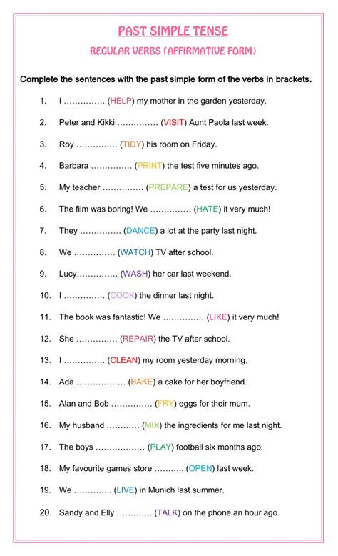 past simple tense regular verbs affirmative worksheet