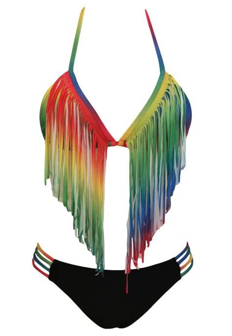 Gradient Rainbow Long Fringe Bikini Fringe Bikini Fringe Bikini Set