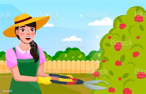 Potret Wanita Tukang Kebun Menggunakan Secateurs Di Taman Memotong