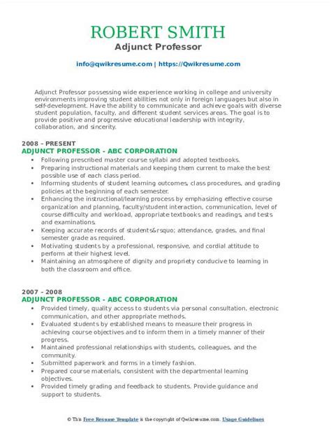 adjunct professor resume samples qwikresume