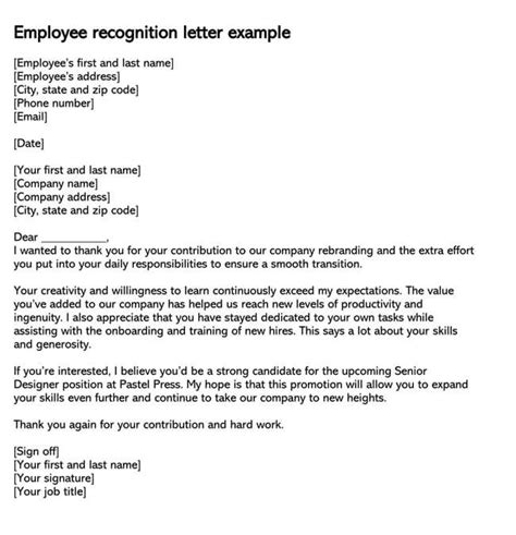 employee recognition letter  sample letters examples