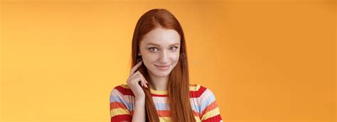 Romantic Flirty Shy Attractive Redhead Girl 20s Touching Hair Strand