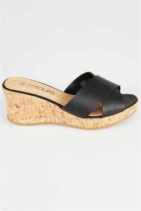 black crossover cork wedge sandals in eee fit
