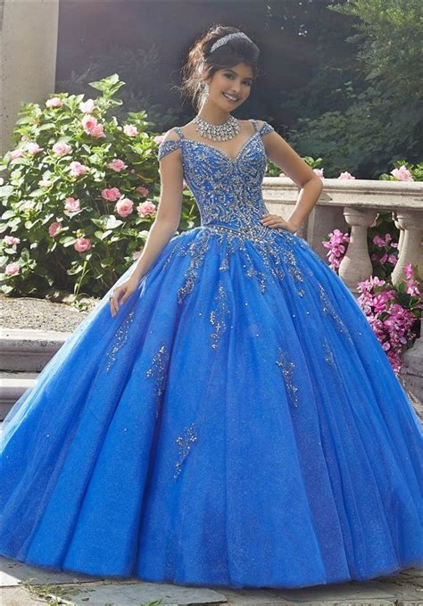 Stunning Ball Gown Prom Dress Blue Tulle Beaded Quinceanera Dress Cold