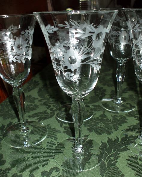 Crystal Stemware Tall Wine Glasses Etched Floral Leaves Etsy