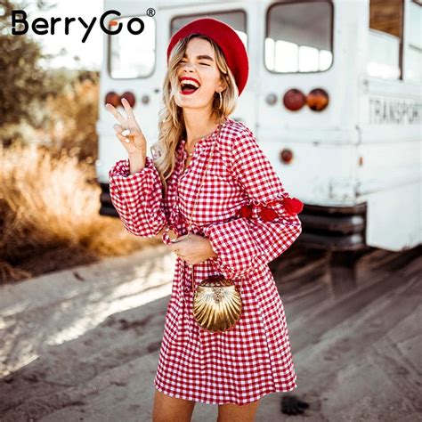 Berrygo V Neck Tassels Plaid Dress Women Casual Ruffles Red Short Dress