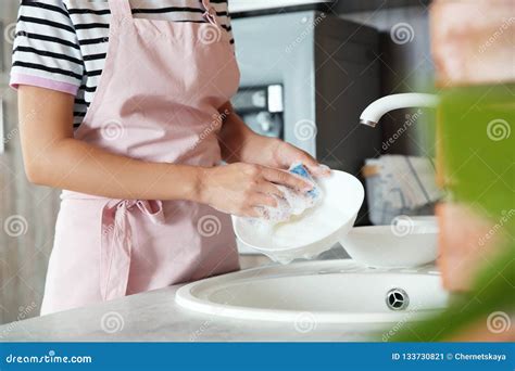 Woman Washing Dishes In Kitchen Sink Closeup View Stock Image Image