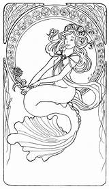 Coloring Pages Mermaid Printable Mucha Line Adult Nouveau Alphonse Kids Deviantart Color Adults Book Printables Mermaids Beach Awesome Detail Colouring sketch template