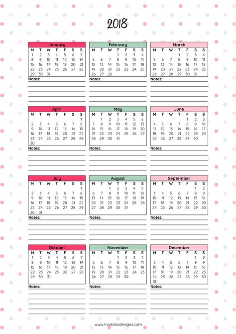 printable year   glance calendar web  digital  printable