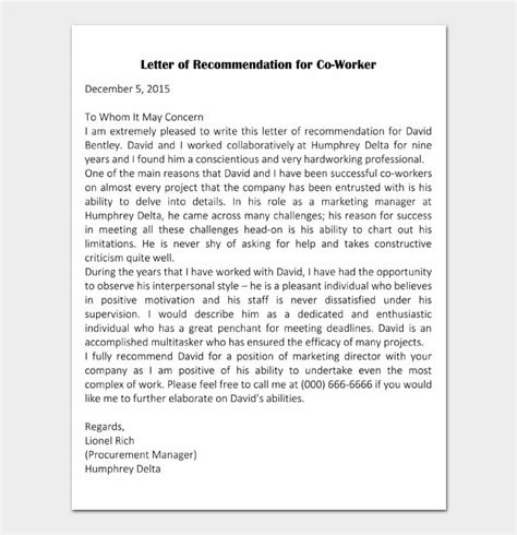 letter  recommendation  coworker template  examples
