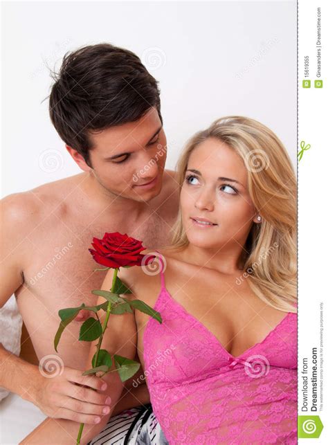 Romantic Couple In Bed With Rose Marry The Man Stock