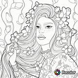 Coloring Pages Hair Girl Long Woman Beautiful Flowers Curly Book Crazy Printable Her Girls Adult Recolor Women Drawing Adults Beauty sketch template