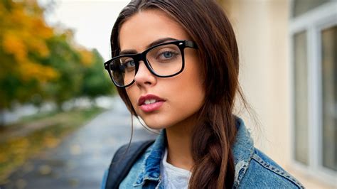 Wallpaper Brunette Women With Glasses Jean Jacket Looking At