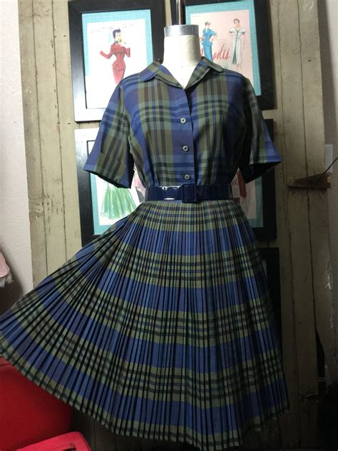 1950s plaid dress 50s 2 piece set size medium vintage skirt and blouse