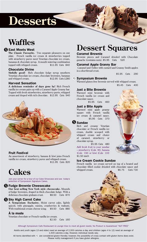 restaurant dessert menu cakes waffles ice cream desserts