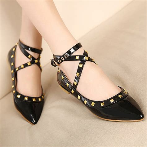 new style pointed toe closed ankle wrap low heel black pu flats flats