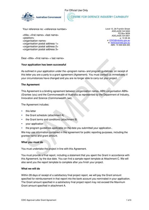 grant application approval letter templates  allbusinesstemplatescom