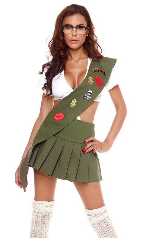 girl scout costume includes tie front crop top with pleated skirt glasses and sash with