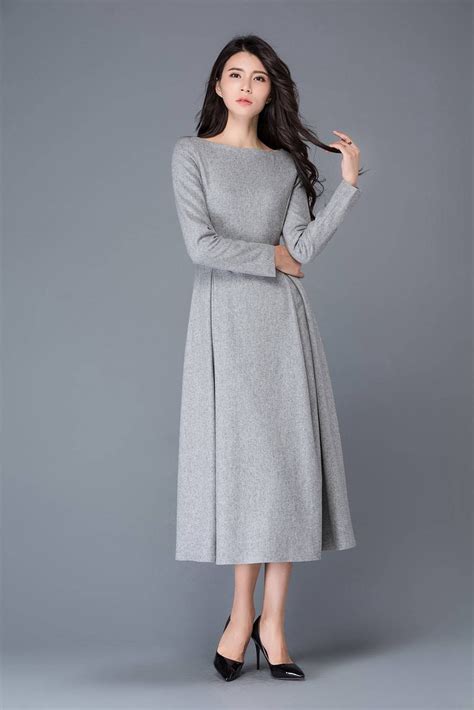 womens dress wool dress winter dress gray wool dress boat etsy