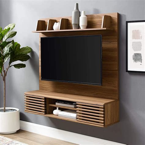 modway render mid century modern wall mounted tv stand entertainment center  walnut buy