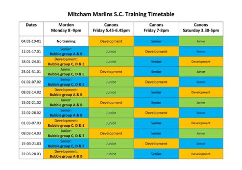 training sessions timetable