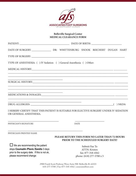 printable medical clearance form  surgery