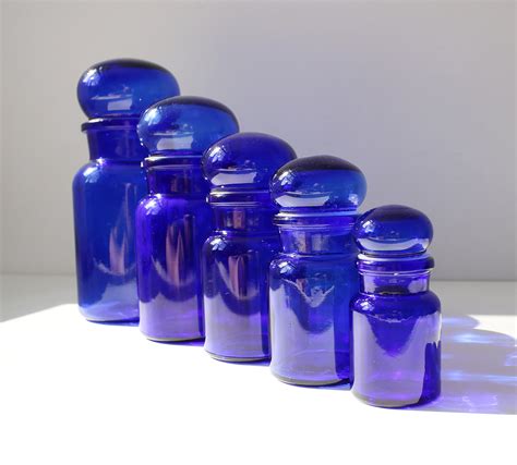 5 Apothecary Jars In Cobalt Blue Glass Made In Belgium Set Of
