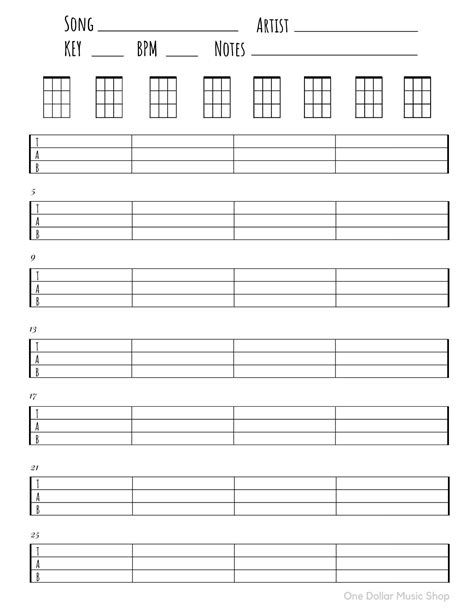 ukulele blank tabs chords chart instant  blank sheet etsy