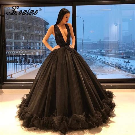 couture 2017 ball gown black prom dresses sexy sequin deep